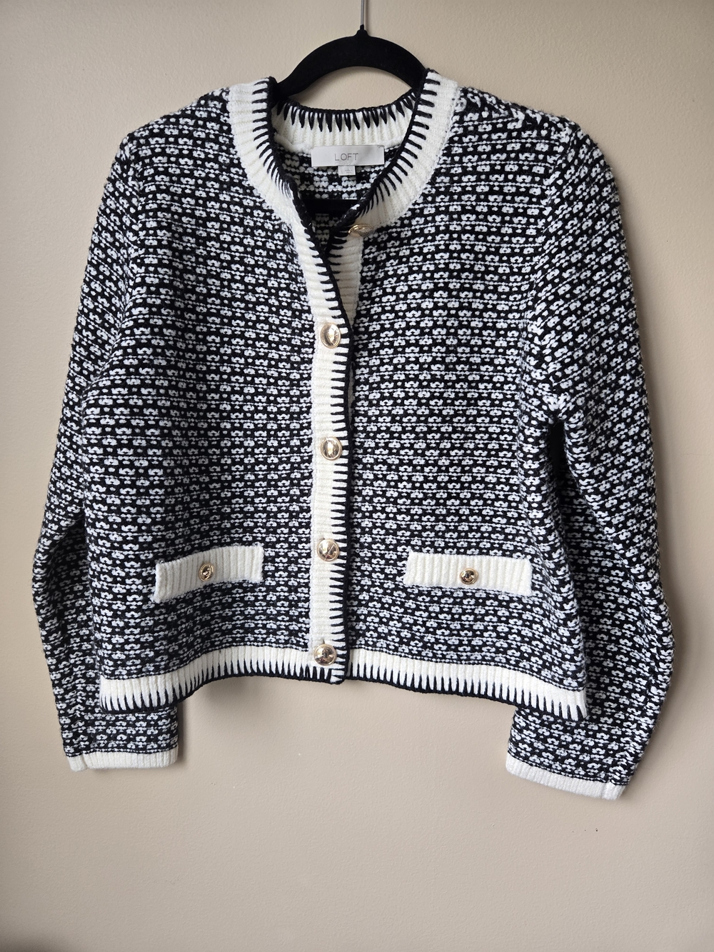 LOFT Black and White Tweed-Style Button Front Cardigan
